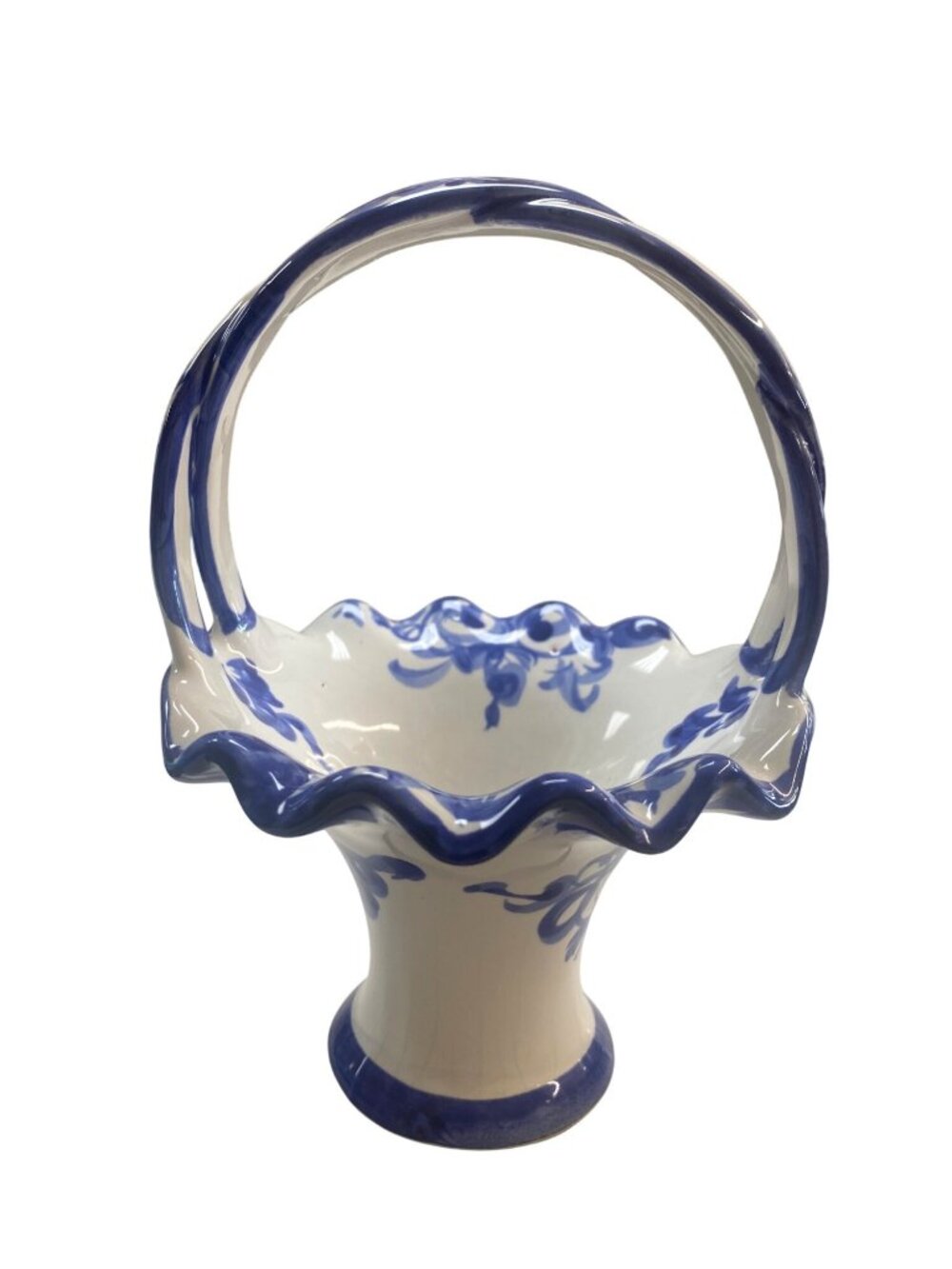 Hand-Painted Portuguese Ceramic Basket With Blue Floral Design - Picture 2 of 9